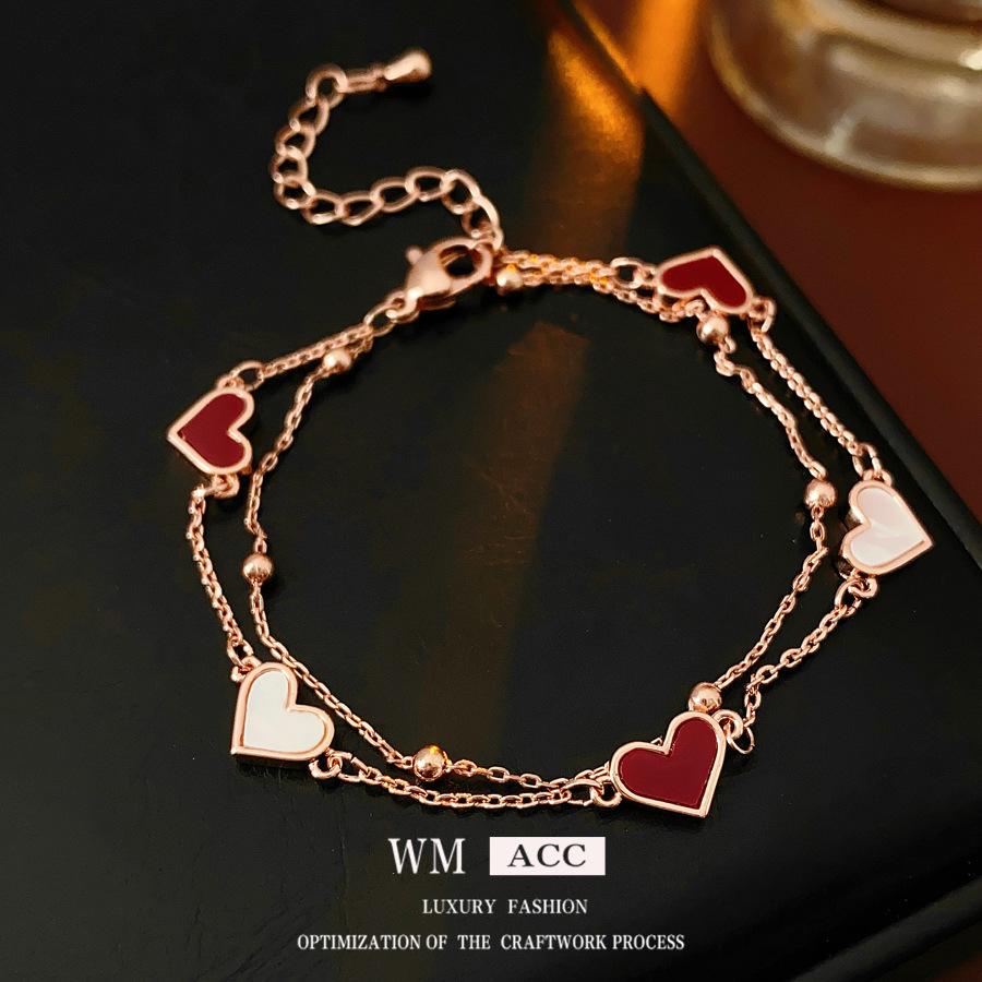 Pulsera con colgante de corazón de nácar de doble capa para mujer, pulsera elegante y versátil de estilo retro francés, joyería de lujo ligero de alta gama
