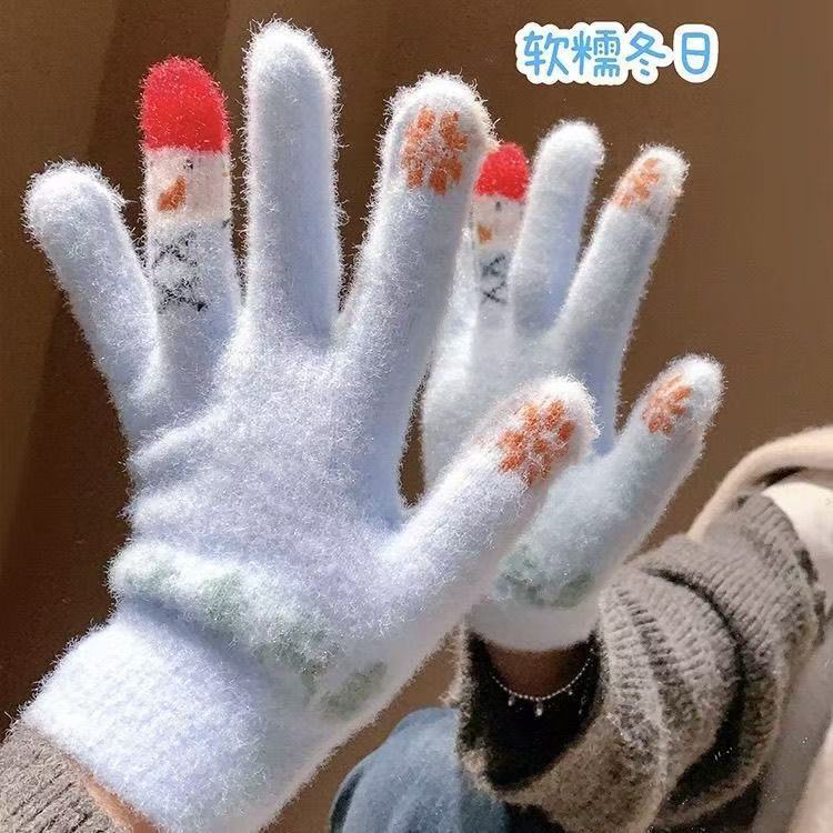 冬季全包五指手套可爱雪人针织可触屏加厚保暖骑行防寒棉手套|undefined