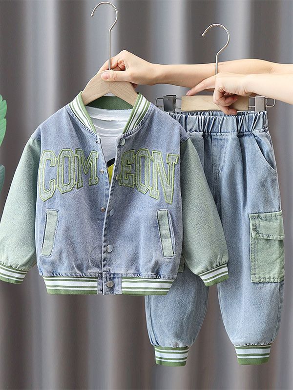 Conjunto de Mezclilla para Niños 3921, Primavera y Otoño 2026, Nuevo Estilo, Conjunto de Dos Piezas con Letras, Ropa Moderna para Bebés