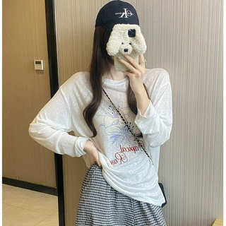 韩系白色印花长袖T恤女夏季微透薄款防晒罩衫设计感宽松圆领上衣