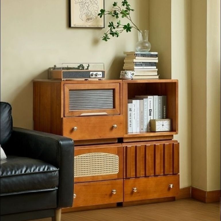 Medieval Carbonized Boxwood Bookcase Small Apartment Living Room Sofa Side Cabinet Tv Cabinet Retro Combination Cabinet Bedside Table