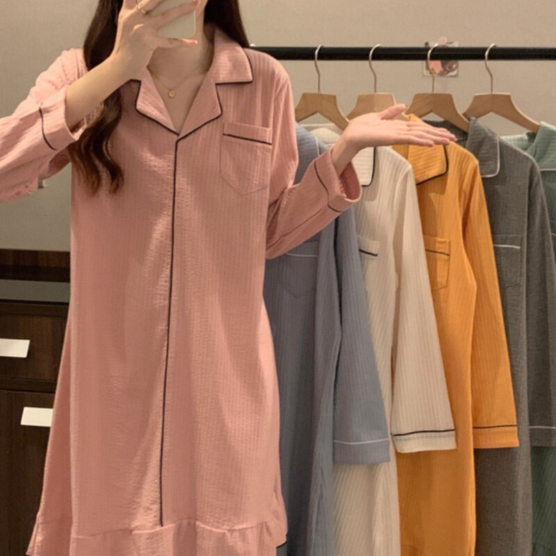 Pajamas for Women in Spring and Autum, Pure Cotton Long-Sleeved Nightgown, Women's Mid-Length Simple Large Size Loose and Cute Maternity Dress