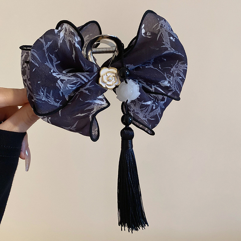 Nueva pintura en tinta china, pinza de caracteres chinos, hilo de red de súper hadas, lazo, borla de loto, pinza para el cabello, estilo antiguo, elegante, accesorios para el cabello femenino