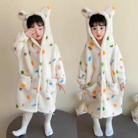 男女童秋冬季珊瑚绒家居服睡衣儿童彩色圆点中长款睡袍睡裙