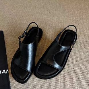 Simple Genuine Leather Casual Sandals for Women, Summer New Flat Shoes, Two-Layer Cowhide Round Toe Open Toe Soft Sole Women's Sandals