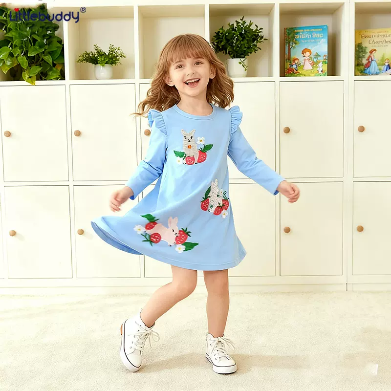 跨境Little buddy跨境货源儿童连衣裙秋季新品兔子绣花公主裙针织