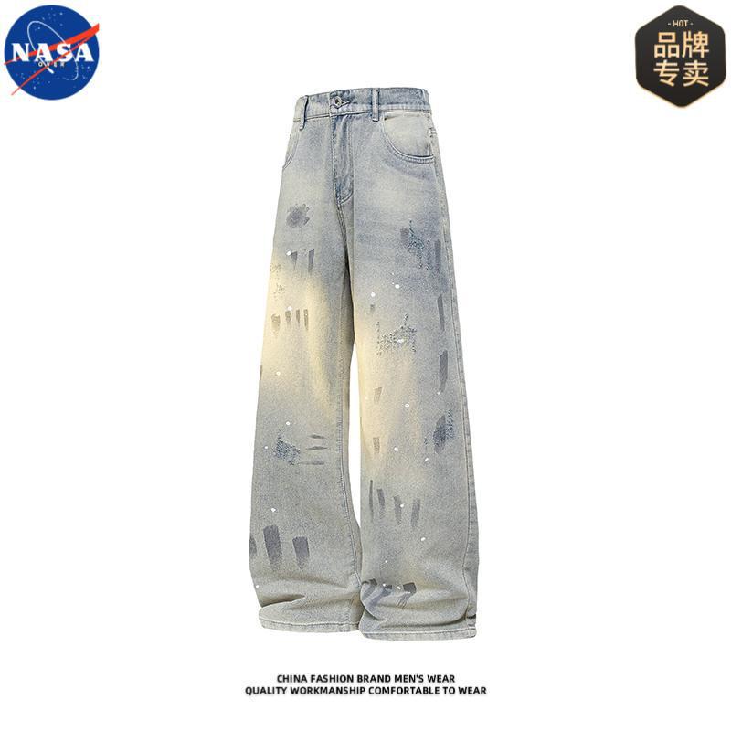Nasa Brand American Retro Splatter Dye Cat Scratch Jeans for Men, All-Season Loose Straight-Leg Flared Pants