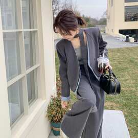 灰色撞色拼接西装套装女春季2026新款高级感流行通勤阔腿裤两件套