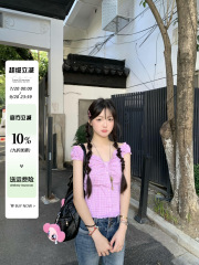 粉色格纹一字肩衬衫背心女夏季设计感两穿衬衣修身显瘦露肩上衣潮