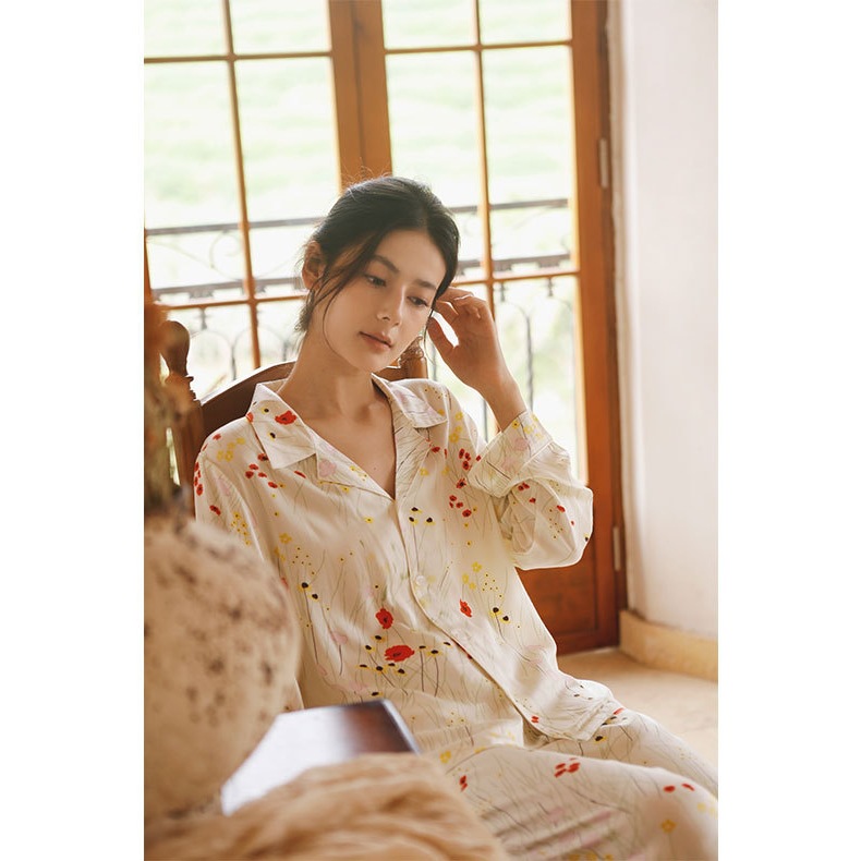 爱扬女式睡衣长裤套装舒适印花淡雅长袖家居服浅草亲肤人棉贡缎四