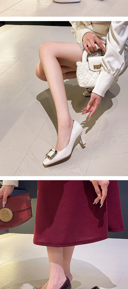 Giày cao gót nữ mũi vuông khóa vuông gót mảnh 6–8 cm — Màu trắng nhạt, Rượu vang đỏ, màu đen chi tiết 10