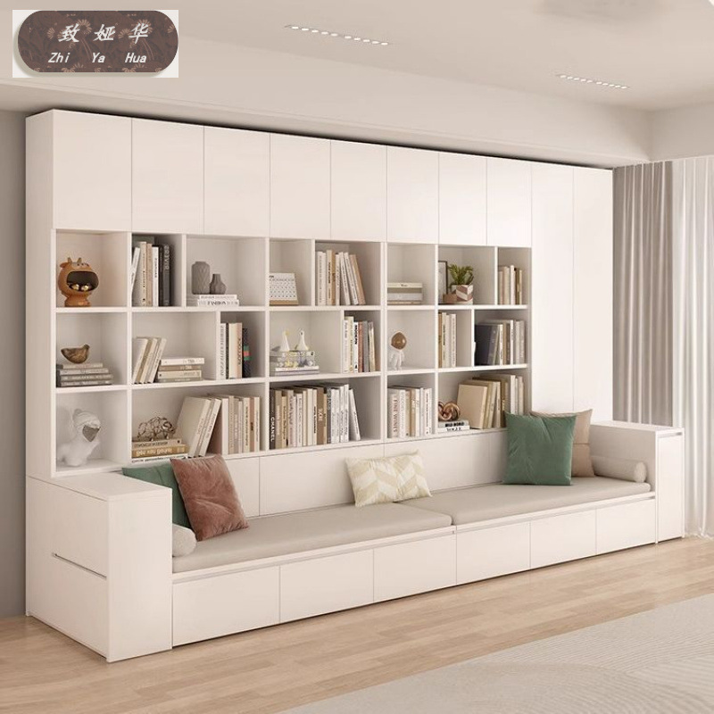 Multifunctional Home Desk with Card Holder, Bookshelf, Background Storage Cabinet, Sofa, Bookcase Integrated into a Full Wall Combination for the Living Room