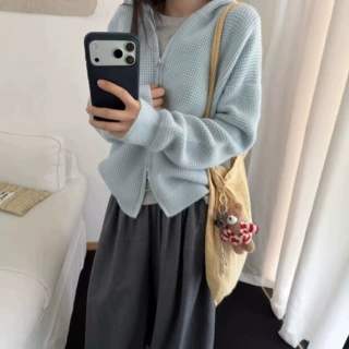 韩系奶呼呼蓝色华夫格连帽拉链针织毛衣开衫女装秋季新款外套上衣