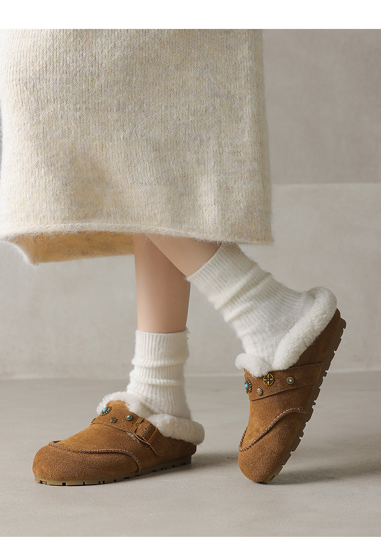 Dép mule nữ lông cừu đế xốp Birkenstock phong cách đinh tán, mũi kín, lót nâng nhẹ — hổ phách chi tiết 21