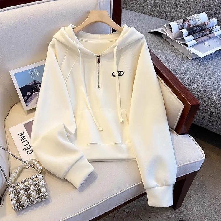 Plus Size Velvet Half-Zip Hooded Short Sweatshirt for Women Autumn and Winter New Korean Style Lazy Style Loose Belly-Covering Top