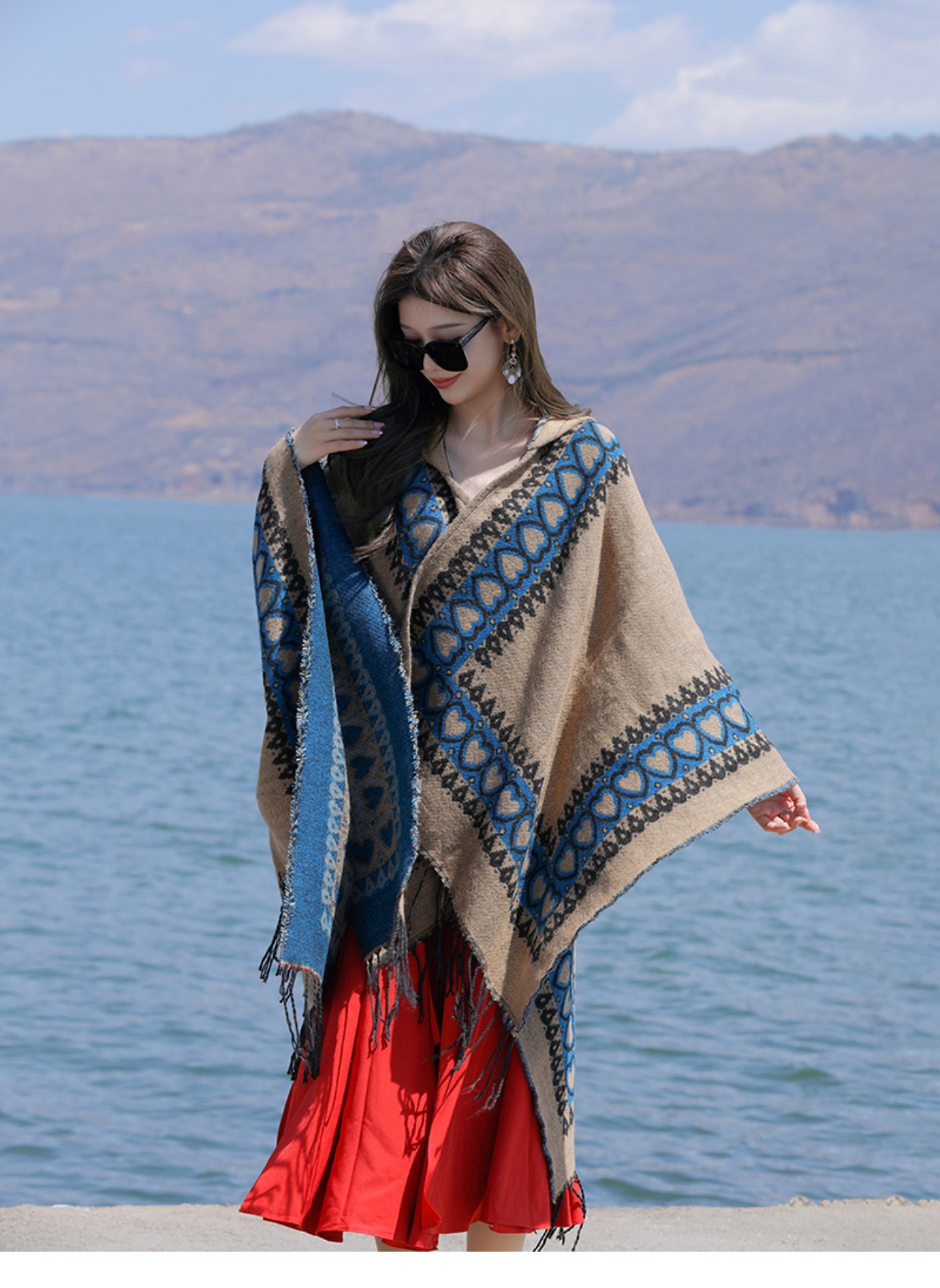 Roter Schal im ethnischen Stil, verdickter warmer Schal, für Frauen, Reisen mit Yunnan Xinjiang Xizang-Umhang mit Kapuze_voghion.com