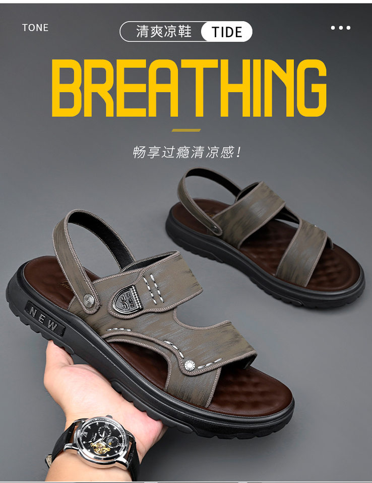 Dép sandal nam quai ngang hở ngón đế dày lót cao su mềm, đi ngoài trời và đi biển — QS991 màu kaki, QS991 màu đen chi tiết 3