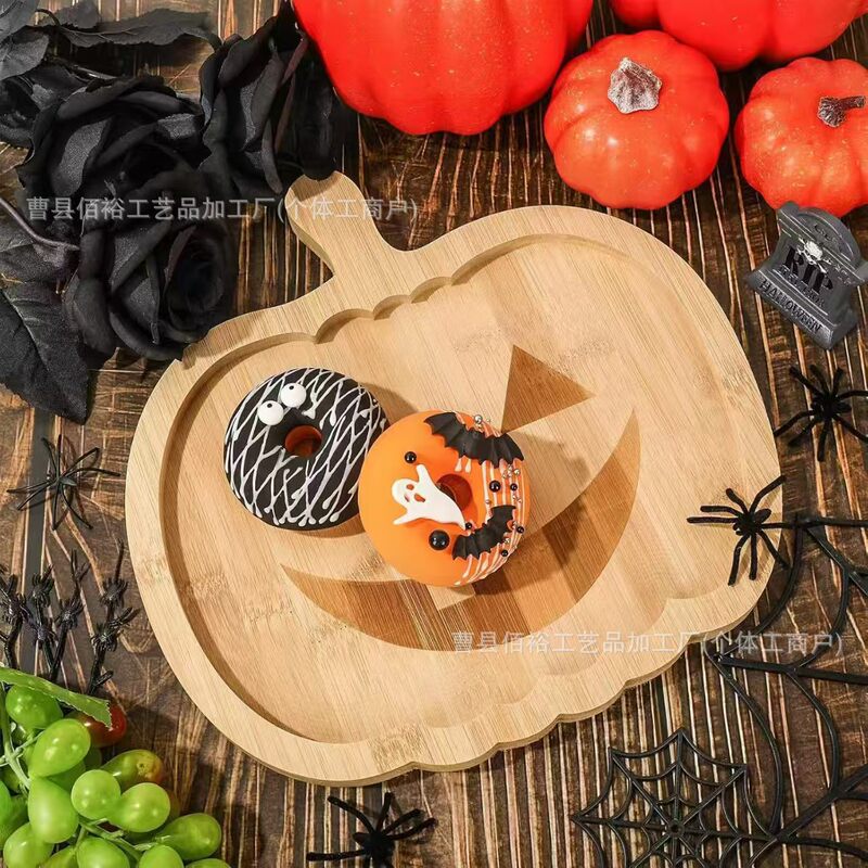 Cross-Border Wooden Christmas Dinner Plate Halloween Party Fruit Snack Plate Bamboo Pumpkin Ghost Prop Tray