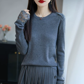 重工钩花针织衫女士圆领套头毛衣秋冬2025新款修身显瘦羊毛打底衫