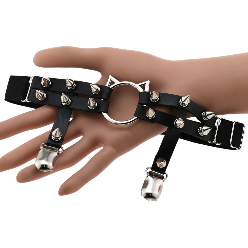 European and American Harajuku Punk Gothic Personalized Cat Head Leather Handmade Rivets Street Dance Leg Ring Foot Ring Double Row Garter Belt