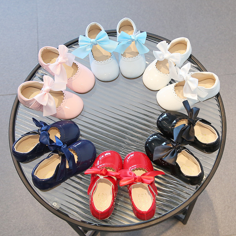 Baby Girl Leather Shoes Princess Shoes Cute Flats Ribbon Bow Spring & Fall New Korean Style Shallow Mouth Round Toe Dance Shoes