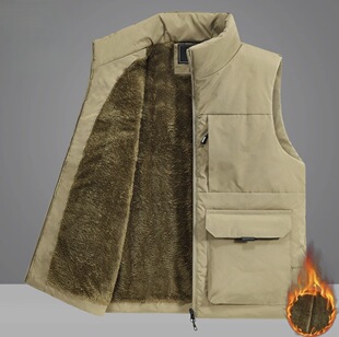 Men's Casual Stand-Up Collar Vest Autumn and Winter Multi-Flap Pocket Pants Fleece-Lined Thickeneded Workwear Middle-Aged Outer Vest Jacket