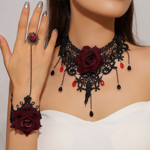 Eurasian Cross-border Retro Black Lace Rose Necklace Bracelet Ring Set for Women Dark Style Choker Jewelry