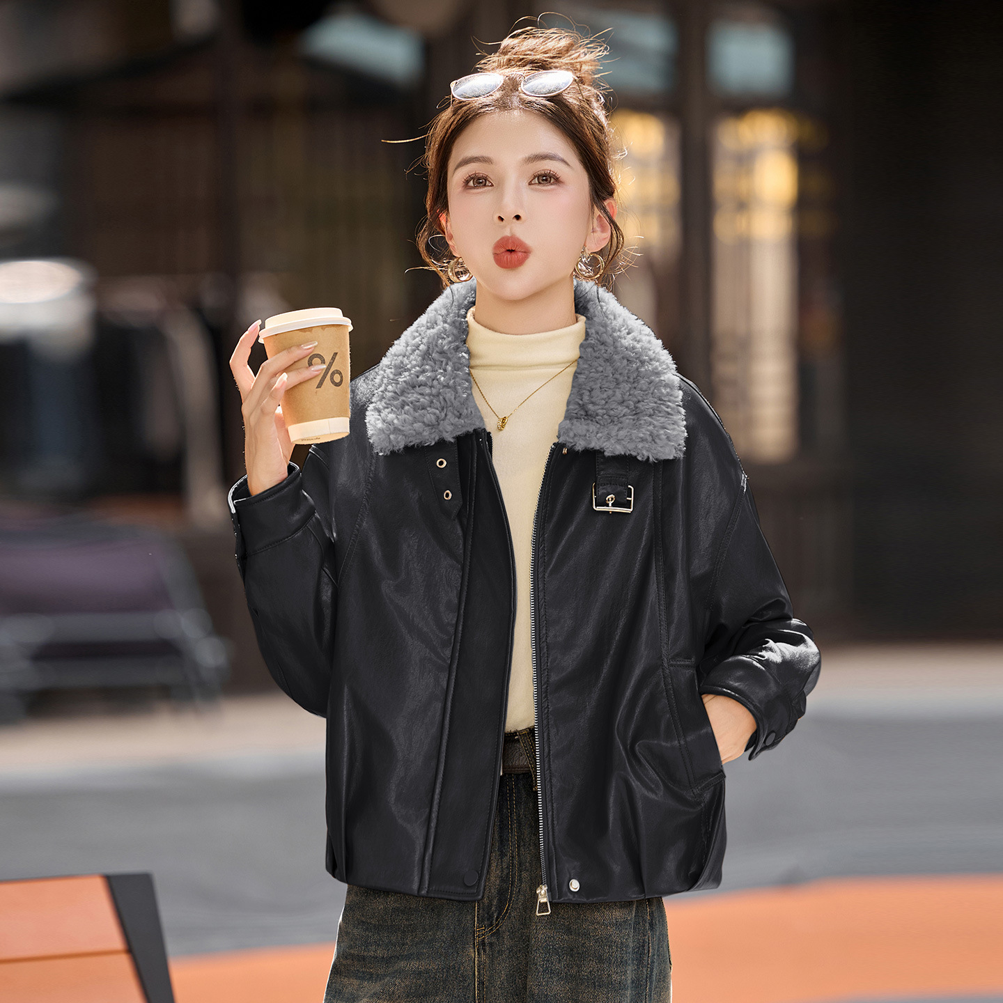 New Haining Plus Velvet Leather Jacket, High-End, Versatile, Lamb Fur Collar, Warm Motorcycle Jacket, Women's Jacket