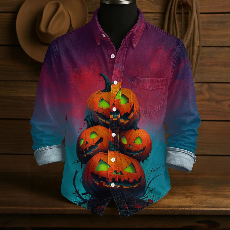 Men's Long Sleeve Shirt Amazon Twill Shirt Retro Style Halloween 3D Printed Trendy Men's Top Men's Long Sleeve Shirt Amazon Twill Shirt Retro Style Halloween 3D Printed Trendy Men's Top