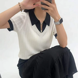老钱风~莱赛尔天丝短袖女麻花翻领假两件上衣女夏新款撞色v领跨境