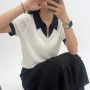 v领撞色新款短袖上衣