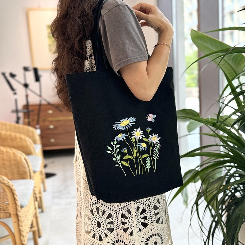 Hecho a mano DIY cinta bordada bolsa de lona Lu bordado solo hombro bolso tridimensional bordado flor lienzo mujer bolsa grande