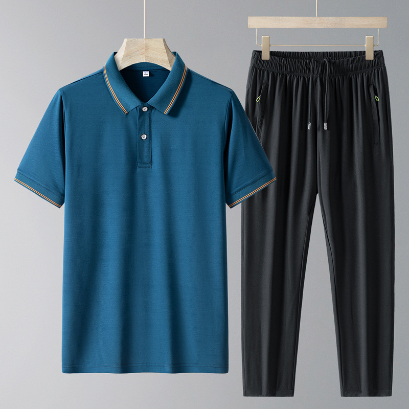 Set de negocios de dos piezas para hombres con solapa de hielo seco rápido polo de manga corta de verano set de pantalones transpirables