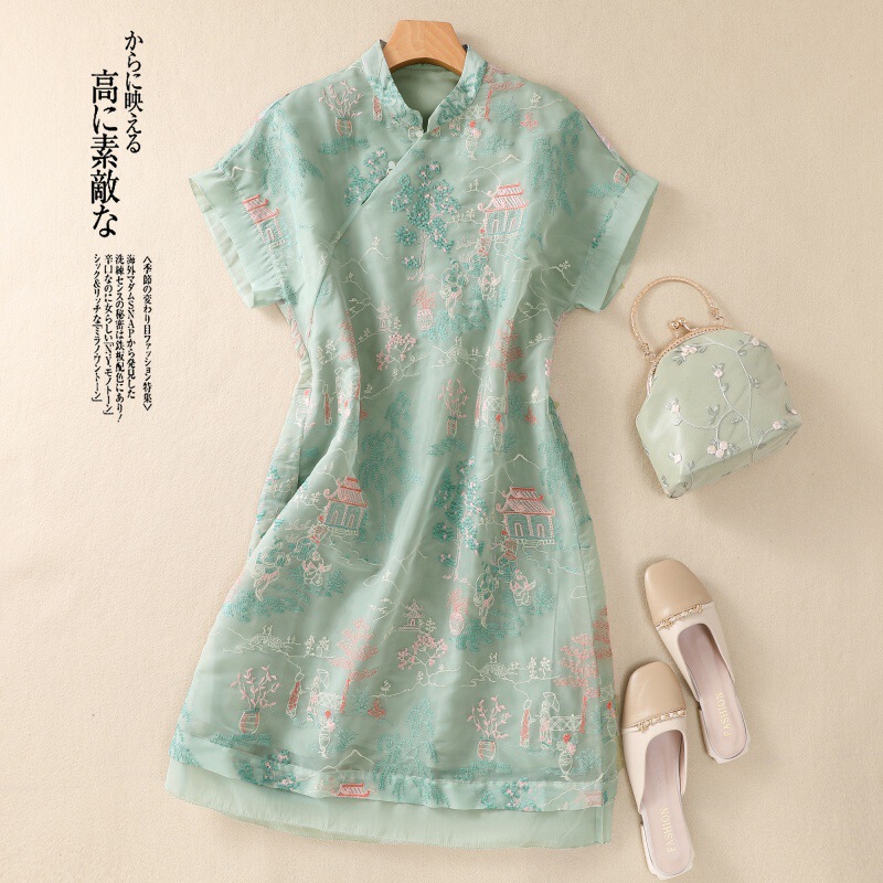 Chinese-style Improved Cheongsam Silk Dress Women's Summer New Arrival Embroidered Short Skirt for Small Men Tight Waist Mulberry Silk Skirt