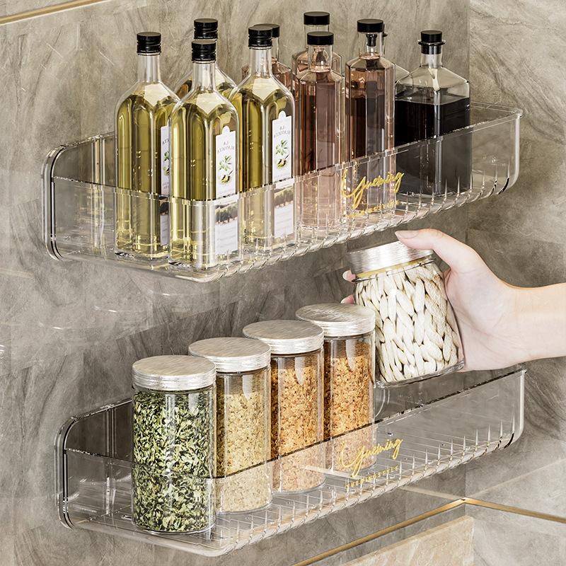 Transparent wall-mounted spice rack without drilling, household kitchen item shelf, hanging spice rack for kitchen condiments