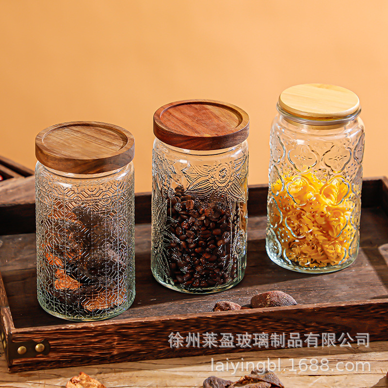 Granos de cocina doméstica almacenamiento de frascos de vidrio almacenamiento de frascos de madera tallada 1000ml vidrio sellado tanque de almacenamiento