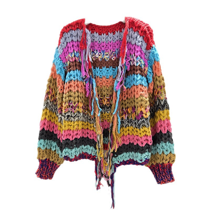 Diseño de suéter de rayas de color bordado chaqueta de mujer invierno invierno suelta chaqueta corta delgada cardigan de punto universal