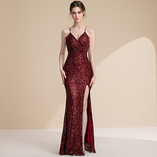Evening dress women's high-end light luxury dinner elegant socialite banquet high-grade sequined fishtail long sling dress