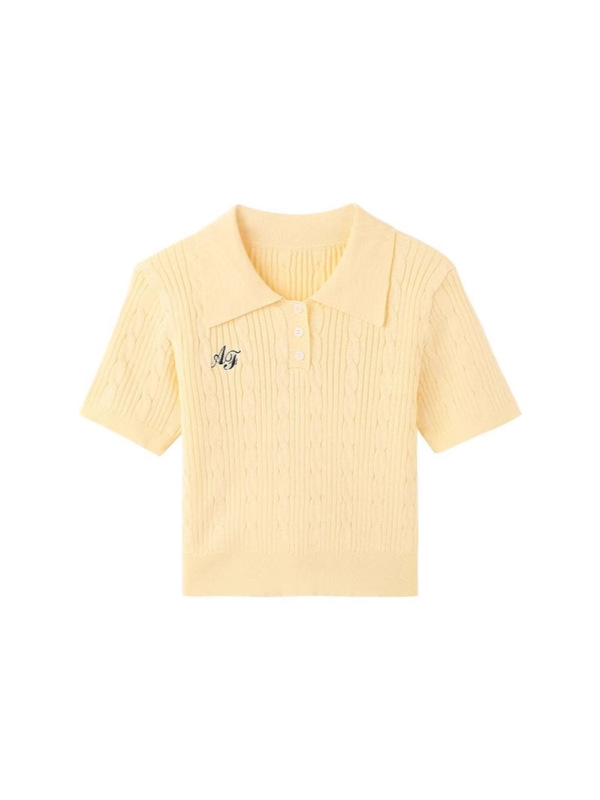 アイスシルクセーターイエローショルダー半袖Tシャツレディース夏新作スリムポロシャツショートトップ夏|undefined