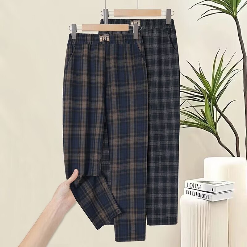 Plaid Straight-Leg Mom Pants for Spring and Autumn, High-Waisted Loose Women's Casual Pants for Middle-Aged and Elderly Women, Long Pants Plaid Straight-Leg Mom Pants for Spring and Autumn, High-Waisted Loose Women's Casual Pants for Middle-Aged and Elderly Women, Long Pants