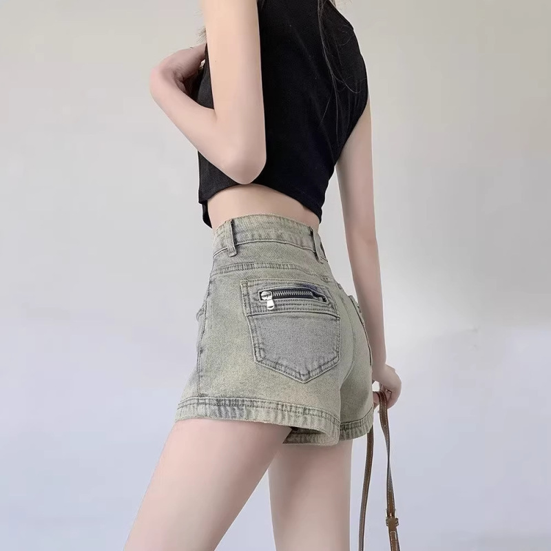 American Retro Distressed High-Waisted Jeans for Women, 2026 Summer New Style, Back Pocket Zipper Decoration, Hot Pants, A-Line Pants