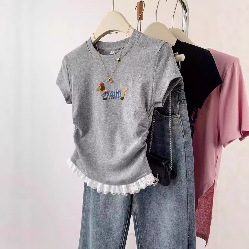 Puppy Print Lace Versatile Chic Unique Short-Sleeve T-Shirt Women's Fitted Right-Shoulder Top Summer New Style Blouse Puppy Print Lace Versatile Chic Unique Short-Sleeve T-Shirt Women's Fitted Right-Shoulder Top Summer New Style Blouse