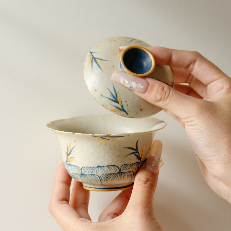 墨己焦糖釉手绘竹子仿古陶瓷盖碗功夫茶具家用花口盖碗家用泡茶碗|undefined