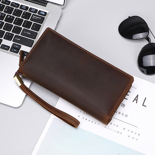 Men's Clutch Crazy Horse Leather Long Wallet Zipper Business Clutch Bag Genuine Leather Clutch Men's New Style