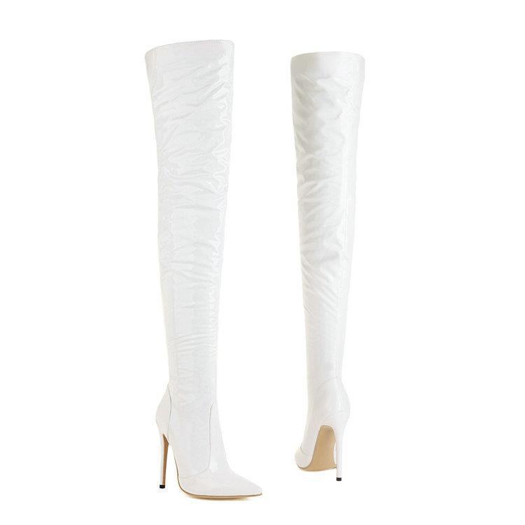 Over the knee boots Women's Red boots Shiny patent leather thigh-high boots Sexy Thigh boots pointy heels_voghion.com