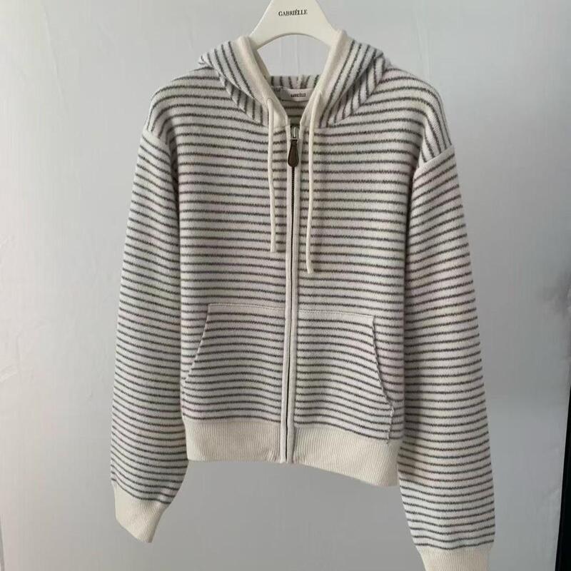 Now/Dongdaemun Gabriel*E Same Style Stripesd Hooded Cardigan Basic Zipper Knitwear Jacket Now/Dongdaemun Gabriel*E Same Style Stripesd Hooded Cardigan Basic Zipper Knitwear Jacket
