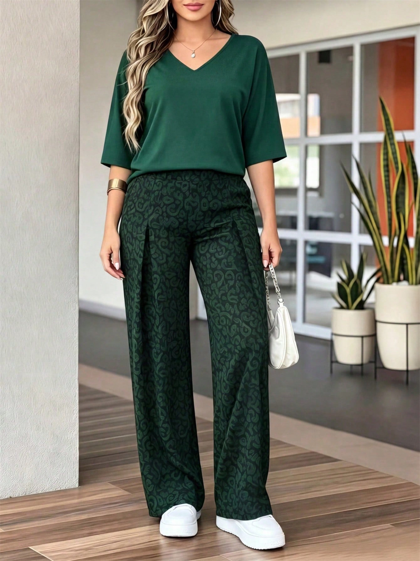 Women's Breathable V-Neck Top And Loose Fit Tropical Print Pants Set Comfortable Knit Two-Piece Outfit for Spring Summer_ecoleips.com