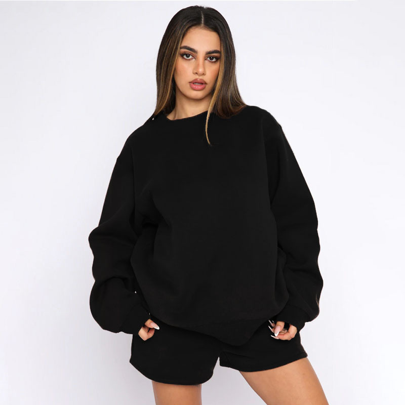 Women's Round Neck Pullover Sweatshirt Long Sleeve Solid Colour_voghion.com