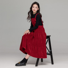 女童洋气红色背带裙秋冬新款中大童双面加绒雪尼尔背心蛋糕长裙子