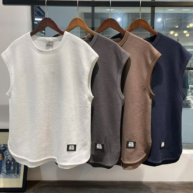 夏のイントレンドアイスシルクノースリーブベスト白底半袖レトロベストメンズルーズTシャツアウターウェア|undefined